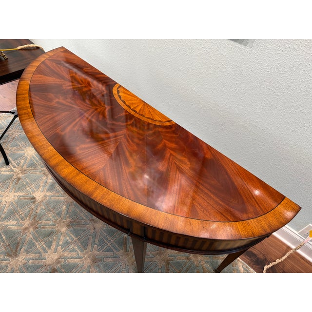 Ethan Allen Hepplewhite Style Inlaid Mahogany Demilune Console Table For Sale - Image 13 of 15