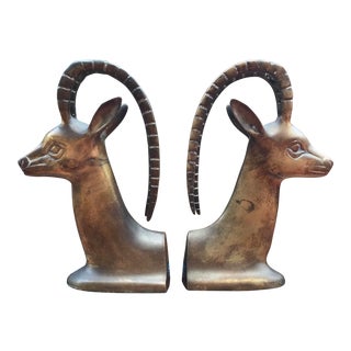 Vintage Mid Century Brass Ibex Gazelle Bookends- A Pair For Sale
