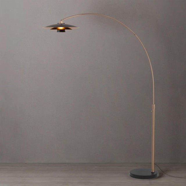 Nova Rancho Mirage Float Arc Lamp - Weathered Brass, Fleur Matte Black/Gold Shade, Mid Century Floor Lamp, Dimmable For Sale - Image 4 of 5