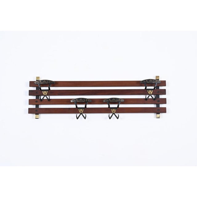 Italian Coat Rack in Teak, Brass and Black Enameled Iron, Italy, 1960s For Sale - Image 11 of 17