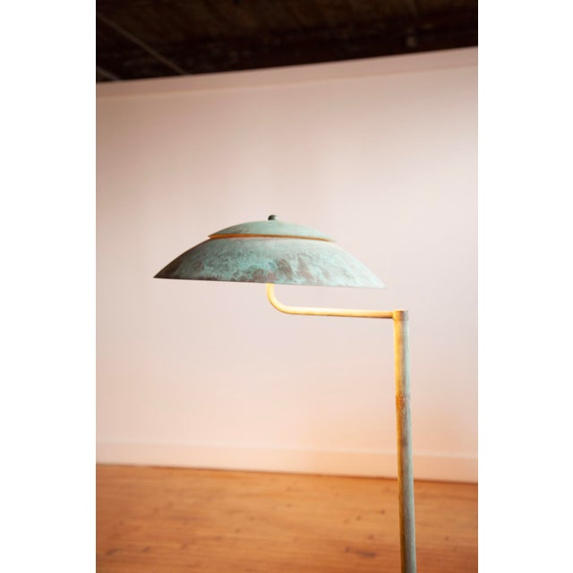 Sensational metal floor lamp in the style of the Danish master Henningsen. Likely zinc or copper material. Lovely green...