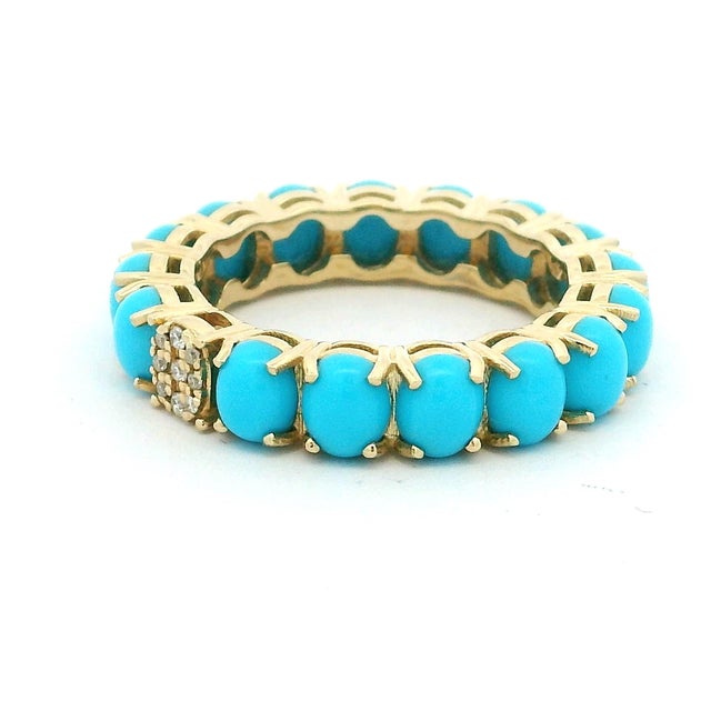 14k Gold Persian Turquoise Eternity Band With Diamond Accent, Size 7.5 For Sale In Miami - Image 6 of 7