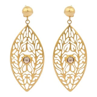 18k Yellow Gold Asian Antique Style Diamond Leaf Drop Earrings- A Pair For Sale