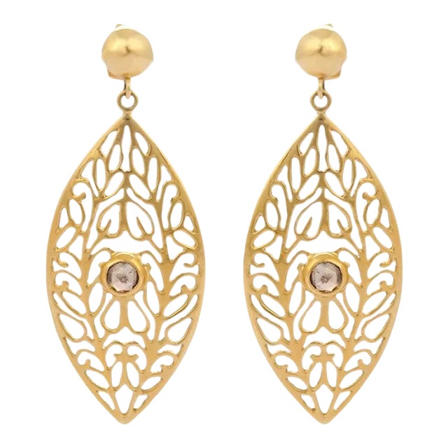 18k Yellow Gold Asian Antique Style Diamond Leaf Drop Earrings- A Pair For Sale