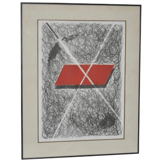 Vintage Black, Red & White Abstract Lithograph For Sale