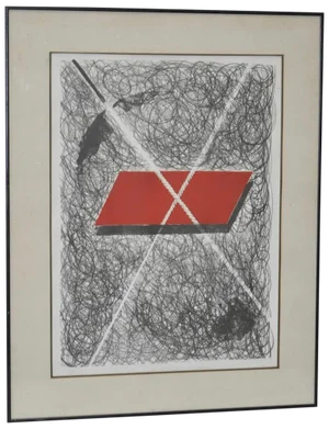 Vintage Black, Red & White Abstract Lithograph