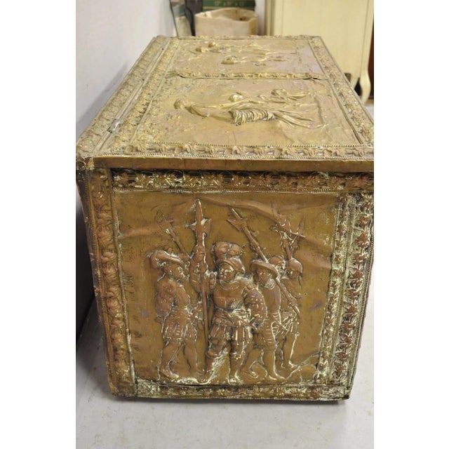 Gold Antique English Victorian Brass Figural Repousse Coal Bin Storage Blanket Chest For Sale - Image 8 of 12