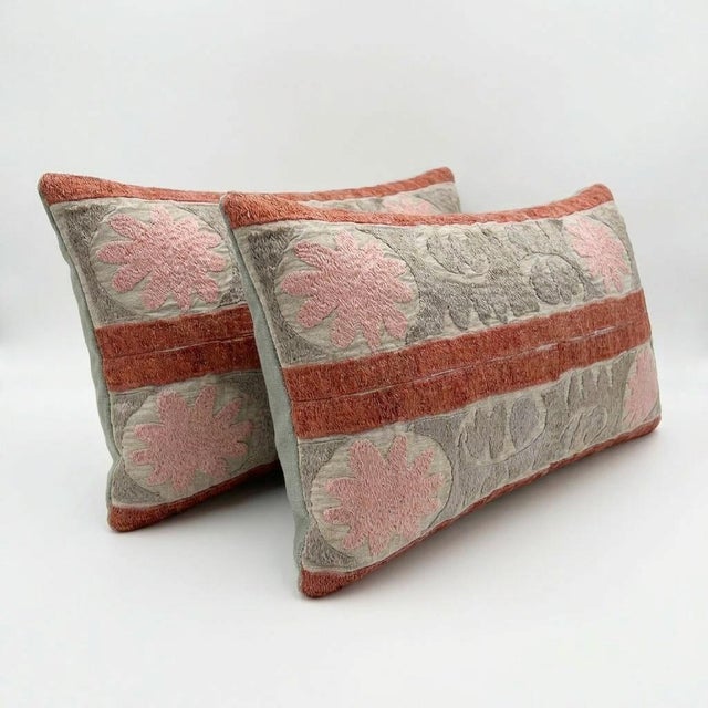 Mid-Century Modern Embroidered Suzani Lumbar Pillow Cover 13'' X 24'' - Set of Two For Sale - Image 3 of 5