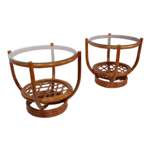 Pr. Mid Century Bamboo and Glass Side Tables