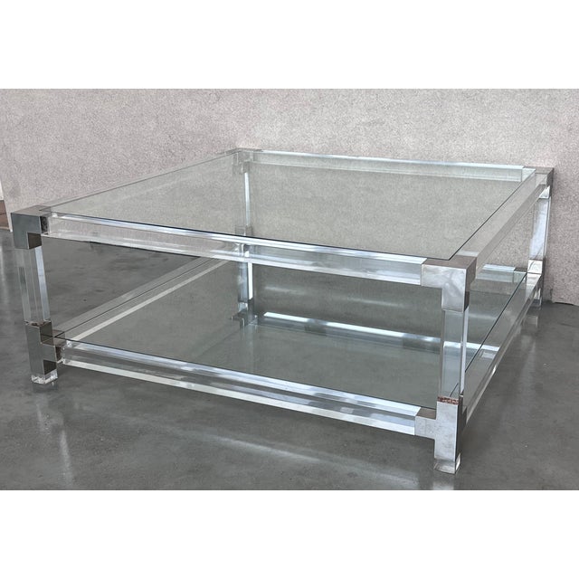 1960s Midcentury Square Lucite Coffee Table With Chromed Metal Details For Sale - Image 5 of 9