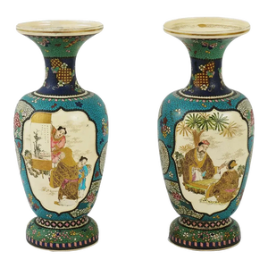 Late 19th Century Kinkozan Japanese Cloisonne Enamel Totai Scholars Satsuma Signed Vases - a Pair