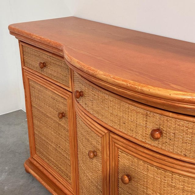 Wood Vintage Rattan and Wood Orange Curved Sideboard, 1980s For Sale - Image 7 of 16