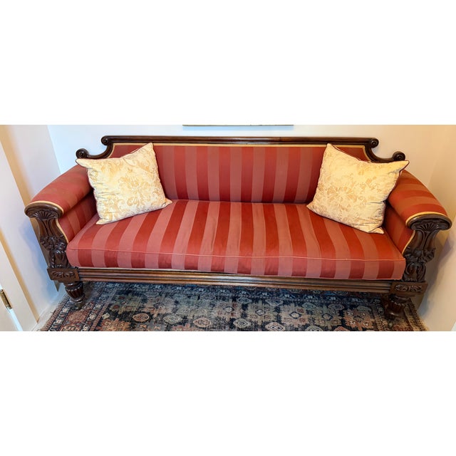 Wood Antique Late Regency William IV Mahogany Settee in Clarence House Wool Stripe For Sale - Image 7 of 13