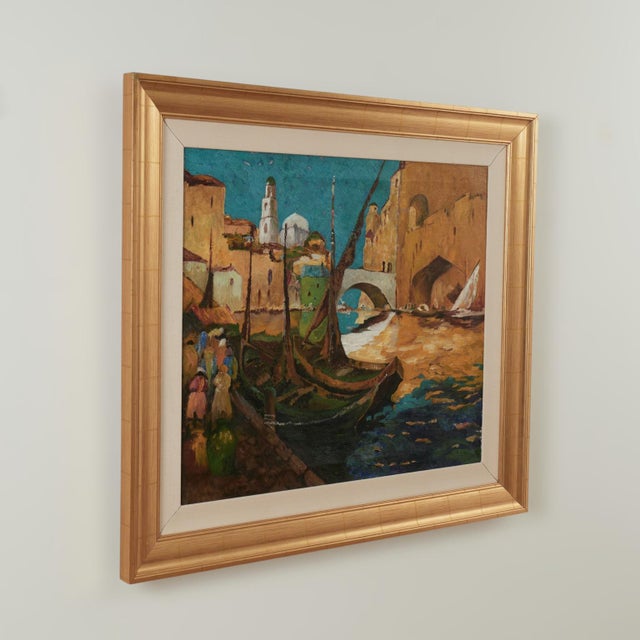 Surprising oil painting on canvas of Venice with a modern twist on a classical theme, executed in bold aggressive colors....