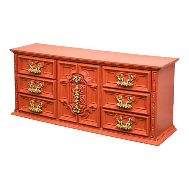 Mid 20th Century Hollywood Regency Spanish Revival Mid-Century Dresser and Poppy Orange Red For Sale