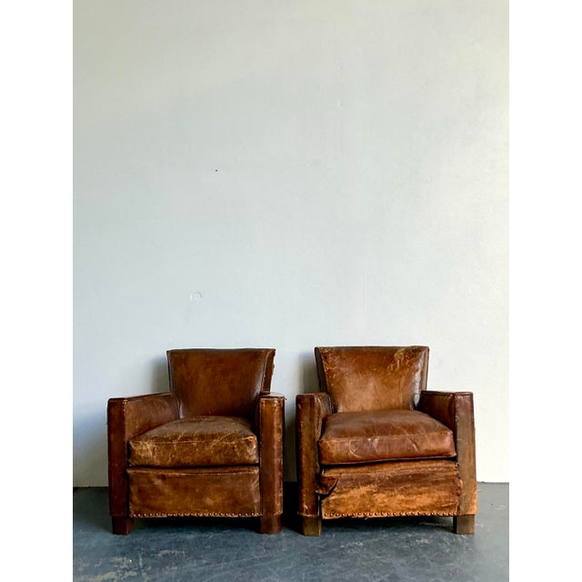 Wood Vintage Deco Distressed Leather Lounge Chairs - A Pair For Sale - Image 7 of 13