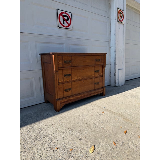 Antique Victorian Eastlake Oak Three-Drawer Chest With Incised Detail and Brass Hardware For Sale - Image 11 of 12