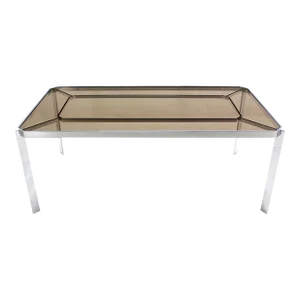 Mid Century Modern Chrome Base Smoked Glass Top Dining Conference Table Baughman