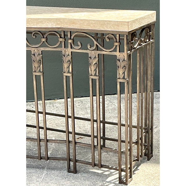 Vintage Deco Stone Top Long Wrought Iron Console Table For Sale In West Palm - Image 6 of 11