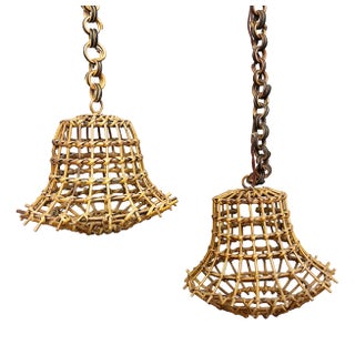 Hand-Woven Bamboo Pendant Lights, Italy, 1950s, Set of 2 For Sale