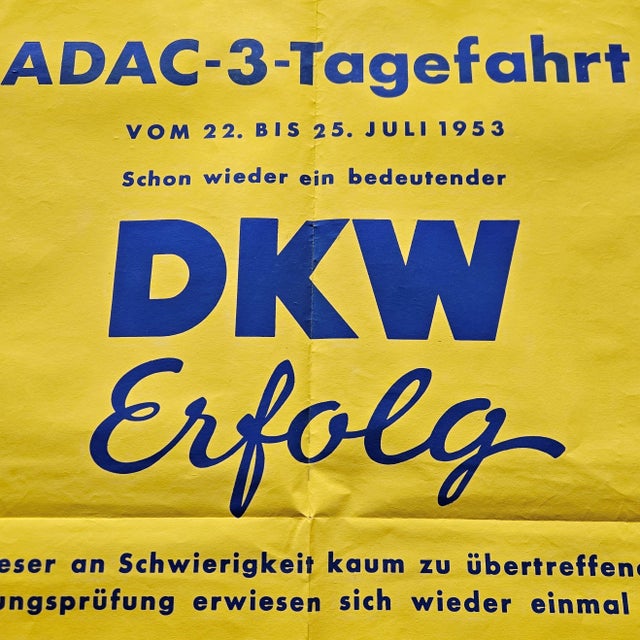Original Poster DKW Two-Stroke Adac 3 Day Trip, 1953, in Very Good conditions. Designed 1950 to 1959
