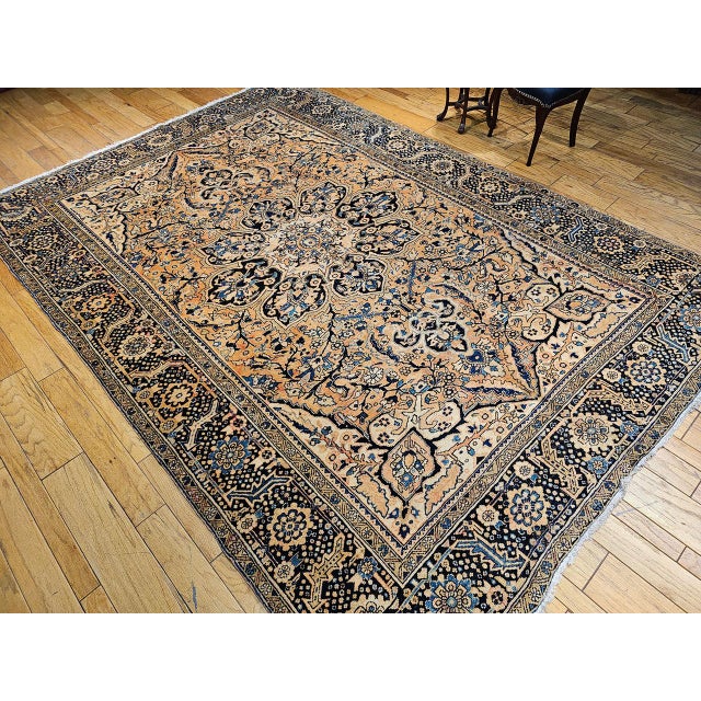 Persian Vintage Persian Heriz Rug, Hand-Knotted Wool, Geometric Medallion Pattern,Tan & Navy, 9x13 For Sale - Image 3 of 18