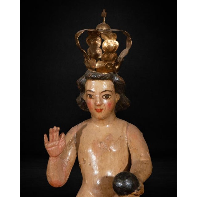 Baroque Spanish Colonial Artist, Niño Jesús Salvador del Mundo Sculpture, 17th Century, Wood For Sale - Image 3 of 8