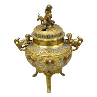 Vintage Japanese Cloisonne Enamel Champleve Bronze Foo Dog Incense Burner For Sale