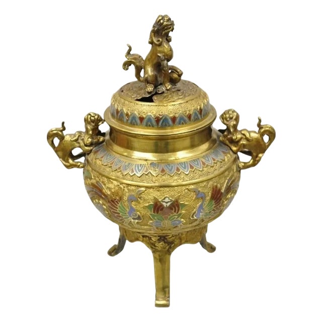 Vintage Japanese Cloisonne Enamel Champleve Bronze Foo Dog Incense Burner For Sale