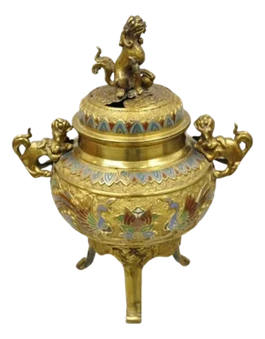 Vintage Japanese Cloisonne Enamel Champleve Bronze Foo Dog Incense Burner