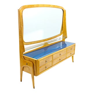 Italian Sideboard with Mirror in Maple Wood, Blue Glass and Brass, 1960s For Sale