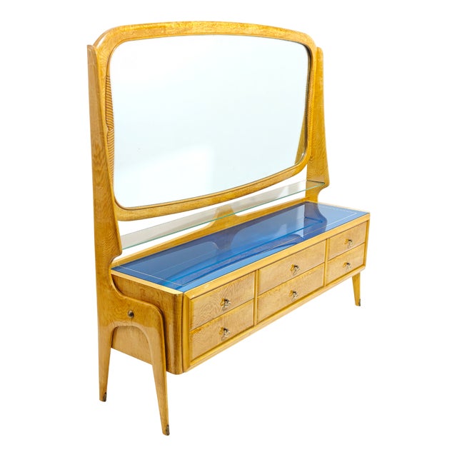 Italian Sideboard with Mirror in Maple Wood, Blue Glass and Brass, 1960s For Sale