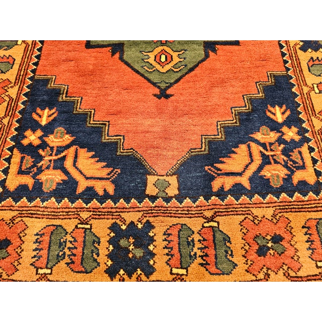 Saffron Vintage Kurdish Tribal Rug With Medallion Design in Red, Green & Saffron For Sale - Image 8 of 18