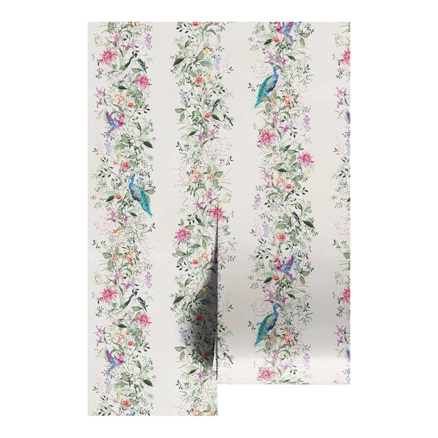 Mahjong Floral Stripe Grasscloth Wallpaper by House Party | Soap White | 6 Yards For Sale