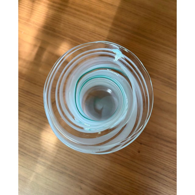 English Antique Nailsea Glass Vase With Ruffled Rim | White & Teal Swirl | English, C. 1788–1883 For Sale - Image 3 of 4