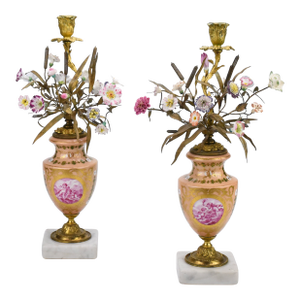 Late 18th Century Porcelain Candelabra Urns Meissen Flowers, Artist Signed- Set of 2