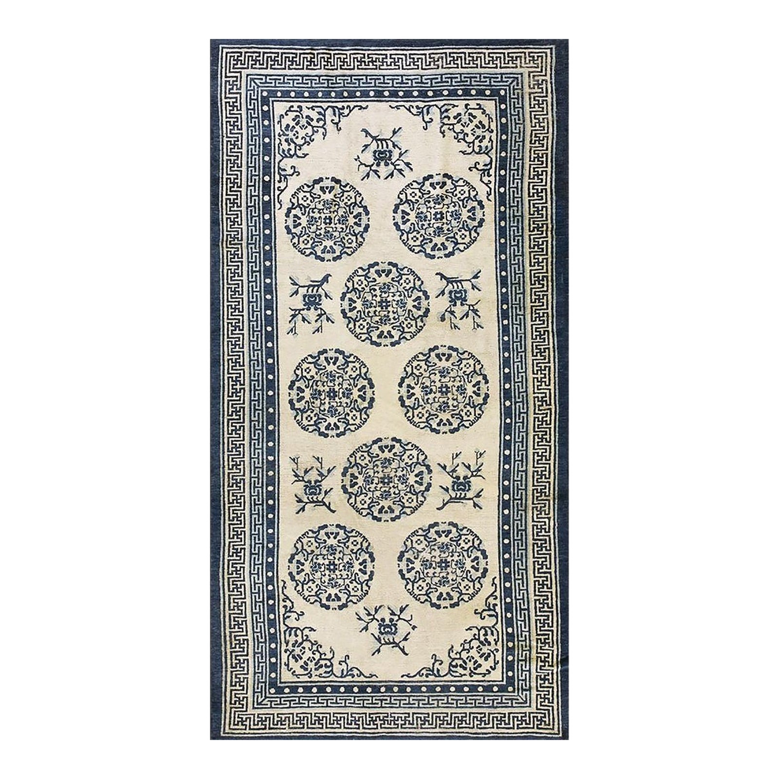 Mid-19th Beige Greek Key Antique Chinese Ningxia Carpet Knotted 5'2