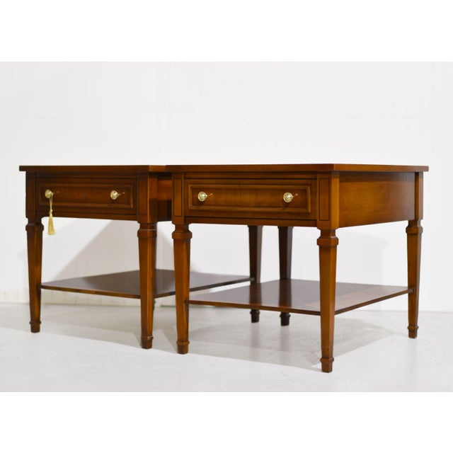 Wood Mid Century Transitional Side Tables, Single Drawer With Lower Shelf - A Pair For Sale - Image 7 of 10