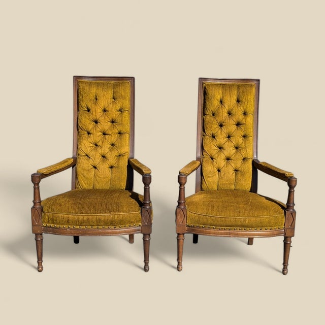 Wood Hollywood Regency Tufted High-Back Armchairs in Gold Velvet Pair, 1960s For Sale - Image 7 of 18