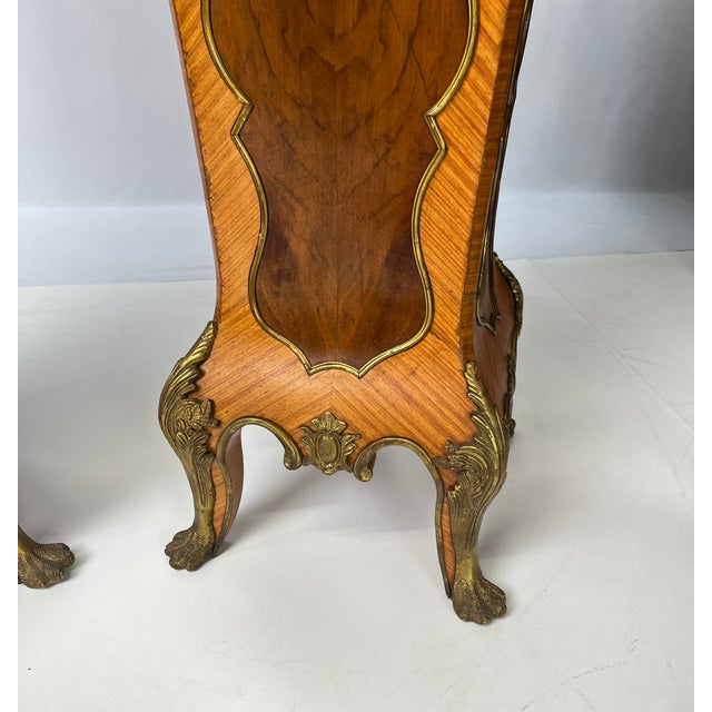 Pair of Mid-20th Century French Rococo Style Marquetry & Ormolu Pedestals With Green Marble Tops For Sale - Image 4 of 16