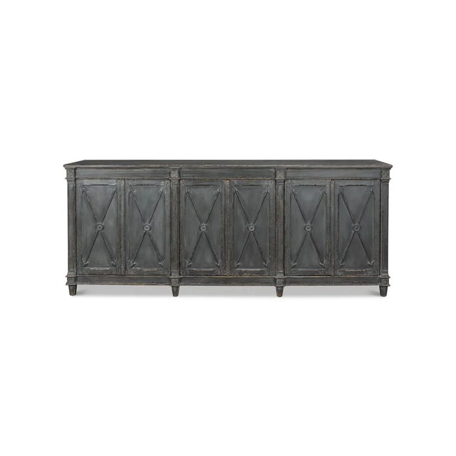 With crossed arrows on each door, raised panel detail on each side, and medallions at the top and bottom of the column-...