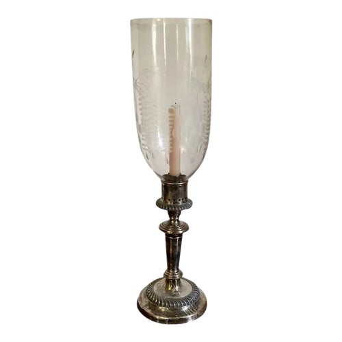 Antique Early 19th Century English Regency Old Sheffield Plate Candlestick with Etched Glass Hurricane Shade