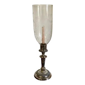 Antique Early 19th Century English Regency Old Sheffield Plate Candlestick with Etched Glass Hurricane Shade
