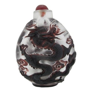 Large Chinese Peking Glass Red Dragon Overlay Snuff Bottle For Sale