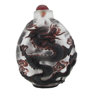 Large Chinese Peking Glass Red Dragon Overlay Snuff Bottle