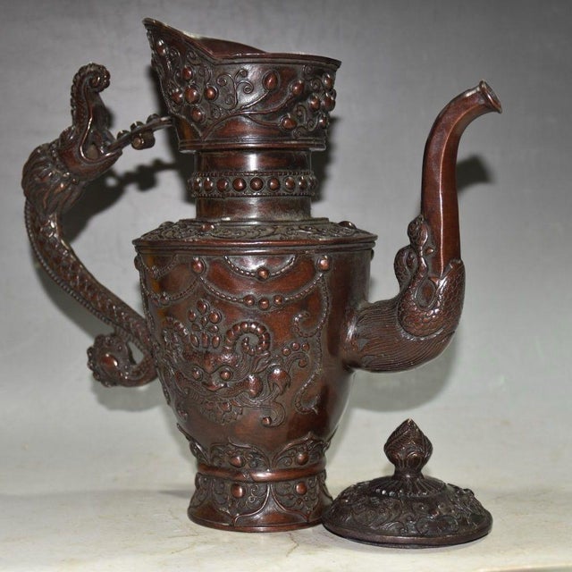 Asian Copper Wine Vessel With Dragon Handle & Beast Motifs For Sale - Image 3 of 9