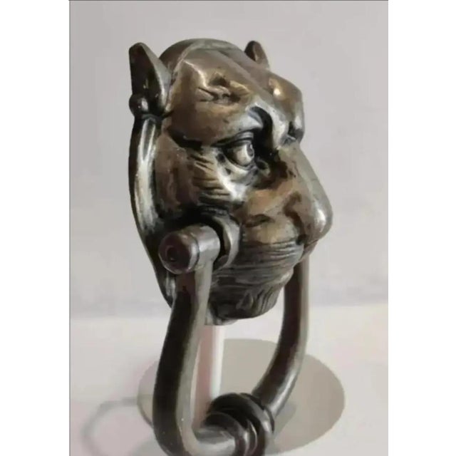 English Large Vintage Bronze Leopard Head Door Knocker, Circa 1940 For Sale - Image 3 of 11