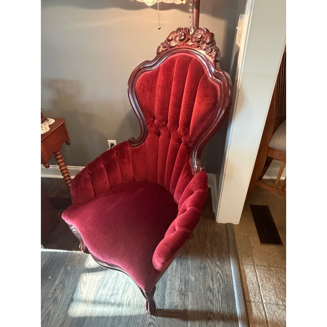 Vintage Victorian Style Mahogany Rose Flower Carved Parlor Chair by Kimball. Item features red tufted velvet upholstery,...