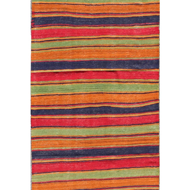 Keivan Woven Arts- Vintage Kilim runner with horizontal stripes in orange, green, blue, red, gold, rug emd-95028, country...