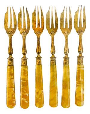 Antique French Fruit / Dessert Bronze Forks With Amber Swirl Handles, Set of 6